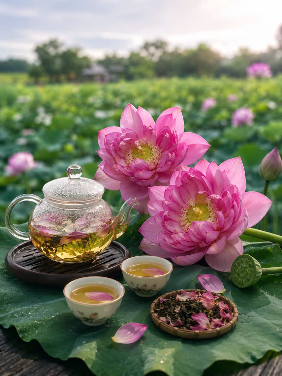 Ấm trà thủy tinh, chén trà và đĩa cánh sen đặt trên lá sen cạnh hoa sen hồng